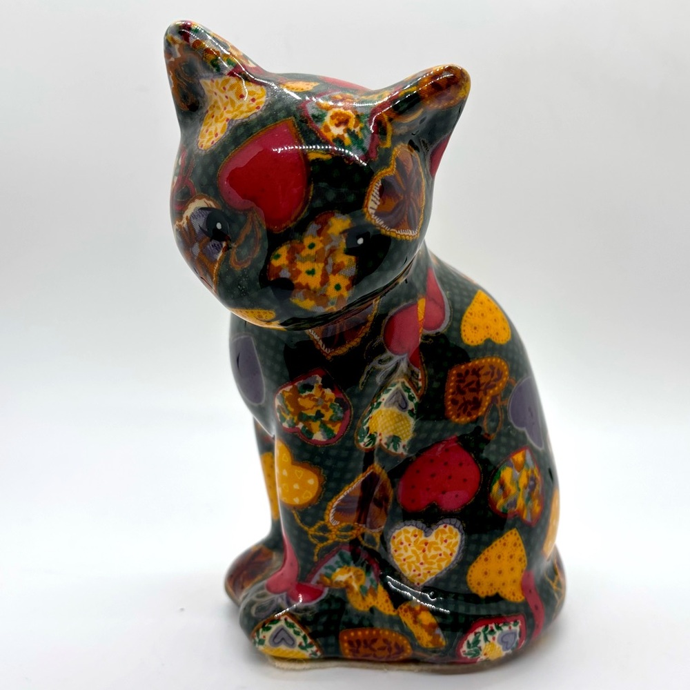 Joan Baker Porcelain Patchwork Vintage Decoupage Black Hearts Ceramic Cat Figure